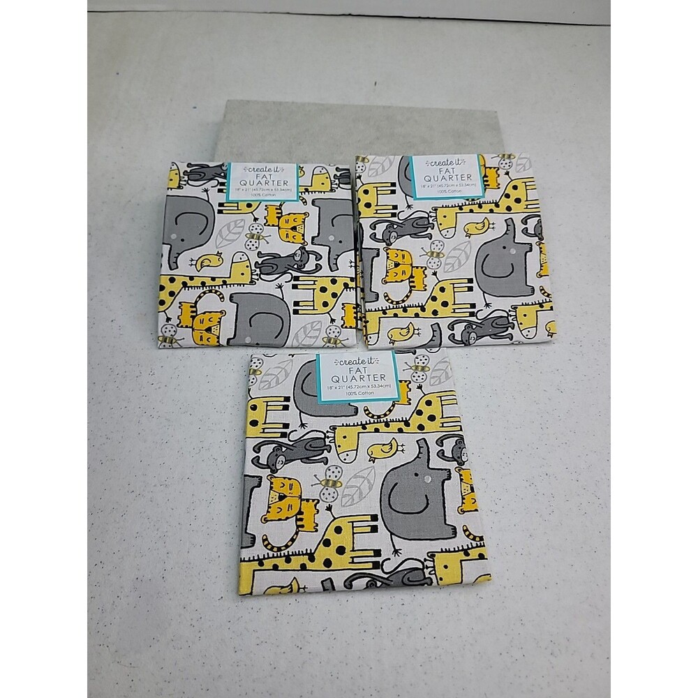 Lot of 3 Fat Quarter 18" x 21" Jungle Maize Kids Zoo Animals Yellow Gray White
